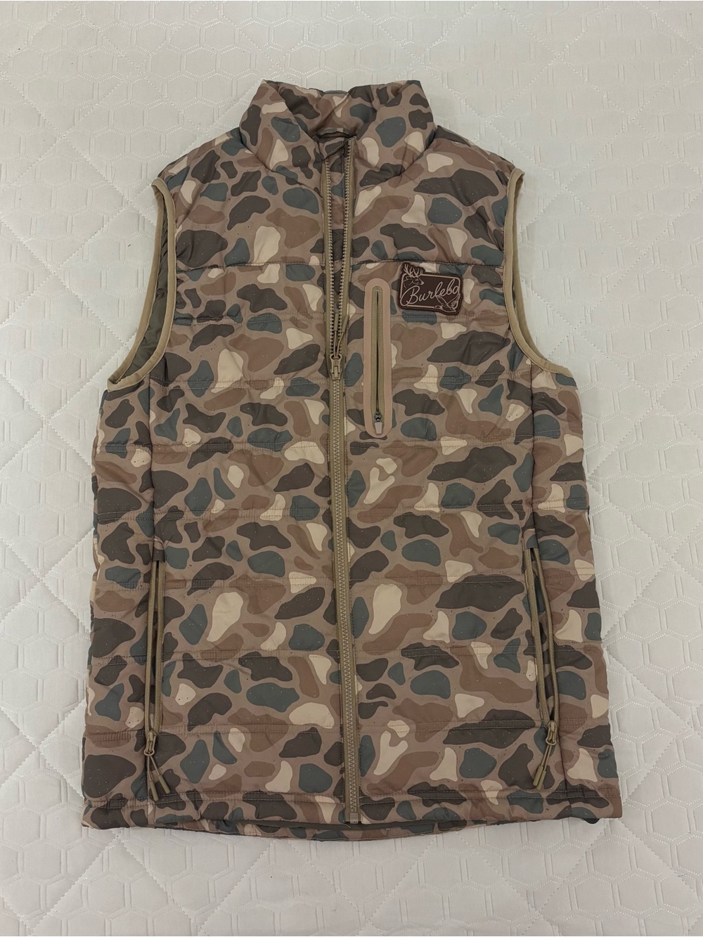 BURLEBO Tan, Olive & Cream Camo Quilted Vest with Logo Patch